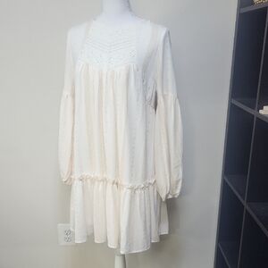 FLYING TOMATO Cream Tan Boho Demure Babydoll Long Sleeve Lace Ruffle Midi Dress